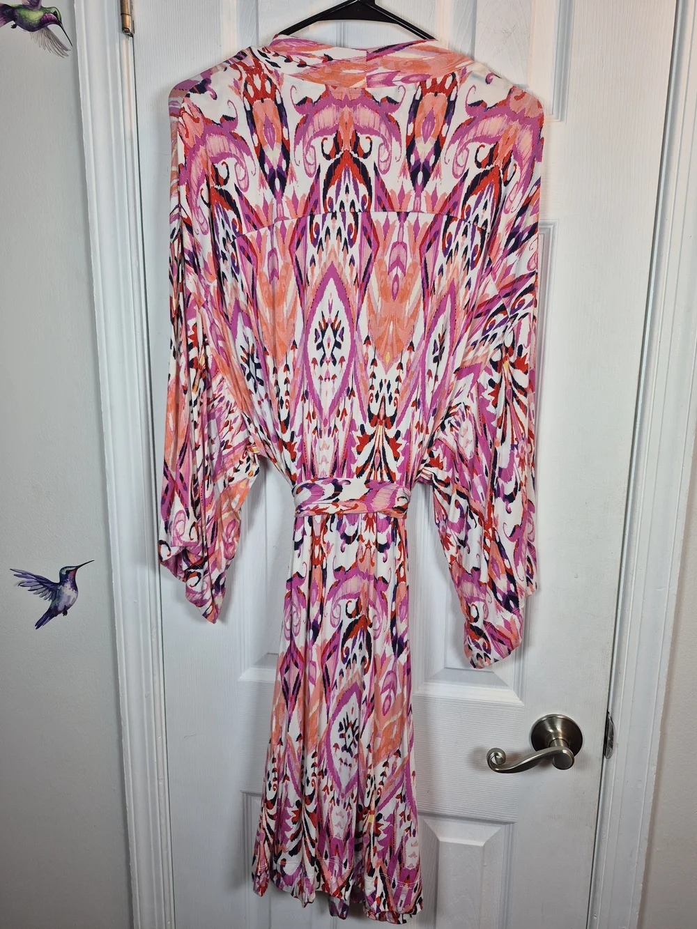 Soma Cool Nights Kimono Robe L/XL Pink Purple Ikat Geometric Knit Short Belted